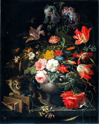 Flower still life with cat and mouse trap