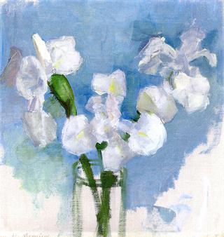 White Irises against a Light Blue Background