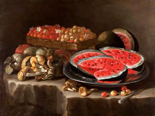 Slices of Watermelon on a Pewter Tray with Mushrooms and Fruit