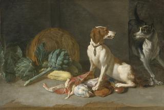 Two Hounds with a Still Life of Entrails, Artichokes, Lettuce, Squash