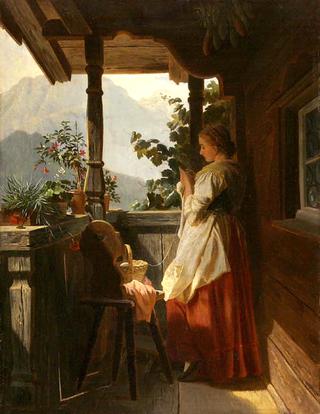 Girl Knitting on the Balcony