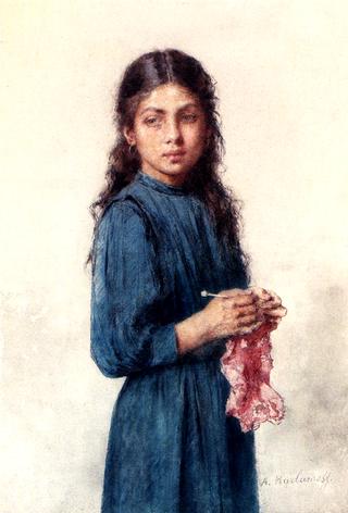 A Young Girl Knitting