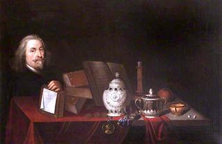 Self Portrait, Aged 64, with a Still Life of Vases, Books and a Medal