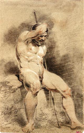 Academy Study of a Seated Nude with a Staff and with His Right Arm on His Head, in a Landscape