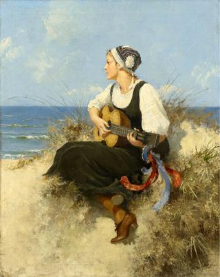 Young Girl with Guitar on the Beach