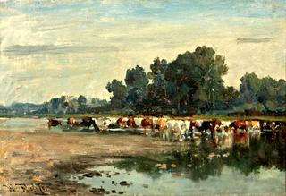Landscape with cows on the waterfront