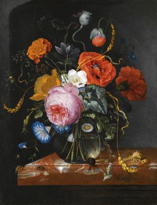 Still Life with Flowers in a Glass Vase on a Marble Ledge