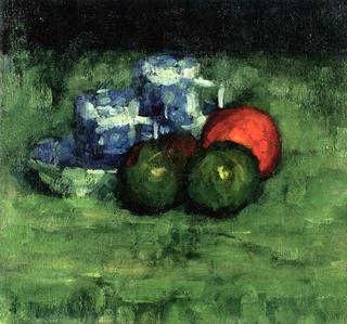 Two Blue Mugs and Apples