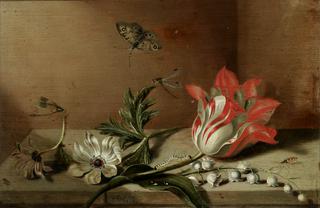 Still life with a tulip, anemones, lily-of-the-valley, caterpillar, butterfly and other insects