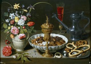 Still Life with Flowers, Goblet, Dried Fruit and Pretzels