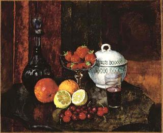 Still life with strawberries, cherries and blue pitcher