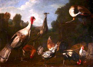 A Turkey, Peacocks and Chickens in a Landscape