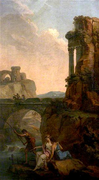 Landscape with a Bridge and Ruins with Peasants Fishing
