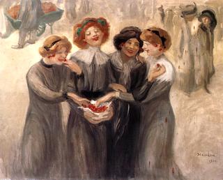 Four Women with a Basket of Cherries