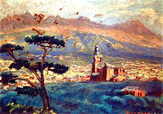 View to a Town with Mountains in the Distance