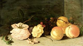 A Still Life with Peaches, Roses, Red and Black Berries