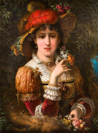 Lady with flowers and feathered hat