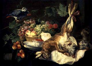 野兔、水果和鹦鹉