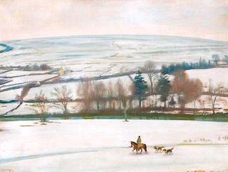 Winter at Withypool, Exmoor: A Winter Landscape, a Rider and Two Hounds in the Foreground