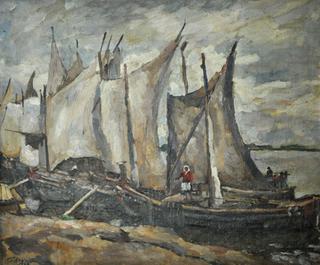 Fishing boats. Drying the sails