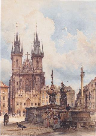 View of the Old Town Square with Tyn Cathedral in Prague