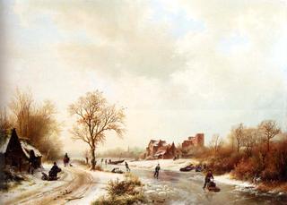 Winter Landscape with Figures on a Path and Skaters on a Frozen Waterway