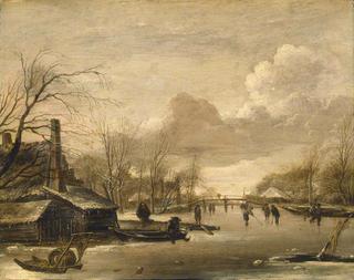 Winter Scene with Thatched Cotages by a River spanned by a Wooden Bridge