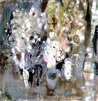 Grey Still Life with White Daisies and Honesty