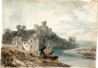 A Ruined Castle above a River, with Boats near a House in the Foreground