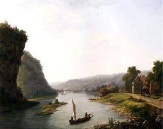 Fishing Boats on a River by a Village