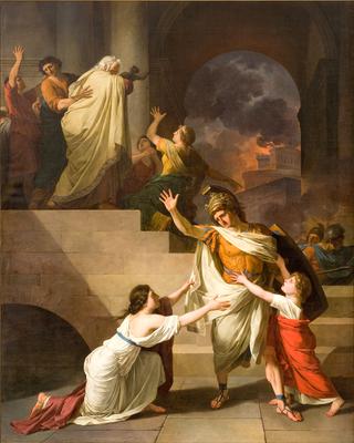 Creusa Preventing Aeneas from Fighting again during the Destruction of Troy