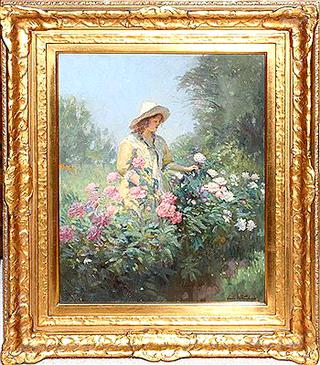 Woman with Straw Hat tending Flowers