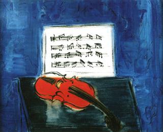 The Red Violin on a Blue Background