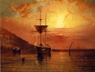 Ships in Calm Water at Sunset