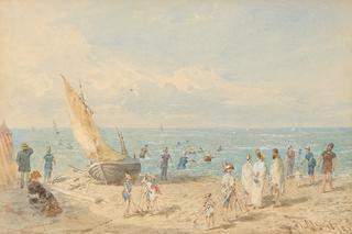 Sea Beach with Bathing and Sailing Boat