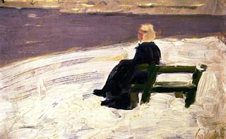 绿色长凳上的冬日风景中的女人