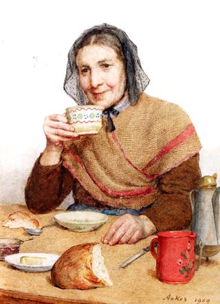 Sitting Peasant Woman Holding a Cup in Her Hand