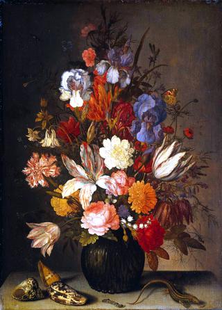 Flowers in a Glass Vase, Shells, a Caterpillar and a Lizard on a Stone Table