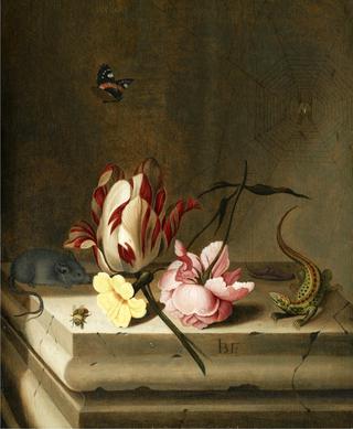 Still Life with a Parrot Tulip, a Pink Rose, a Mouse, a Lizard and a Bee