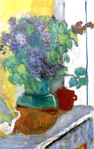 Purple Lilacs in a Green and Yellow Earthenware Vase
