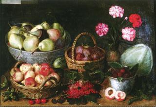 Früchtekörbe, Früchteschale, Porzellankumme, Blumenvase und Gemüse