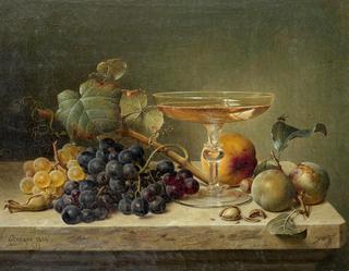 Still-life of Fruit, Nuts and a Glass on a Marble Ledge