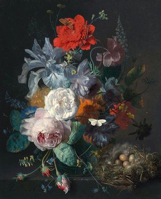 Glass Vase with Flowers, with a Poppy and a Finch Nest