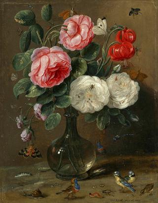 Still life of roses in a glass vase with numerous insects, including butterflies, a ladybug, a bee and a dragon fly