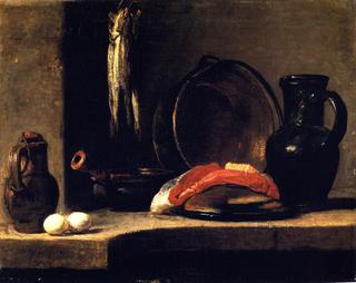 A Pitcher, Two Eggs, a Casserole, Three Herrings, a Copper Pot, A Slice of Fish and a Jug