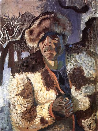 Self-Portrait in Fur Cap against Winter Landscape