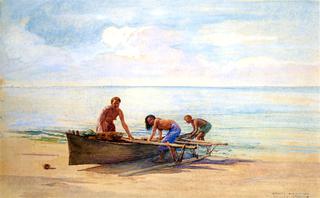 妇女们划独木舟，萨摩亚的瓦伊拉，大田，她的母亲和邻居
