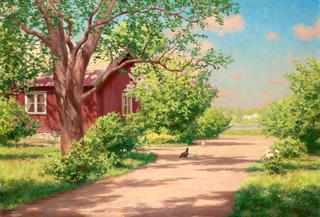 Summer landscape with chickens