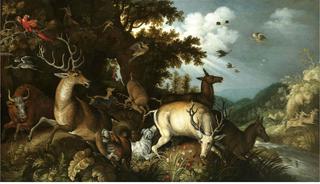 A wooded river landscape with stags chased by huntsmen and their dogs