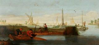 River Scene with Fishermen in a Rowboat